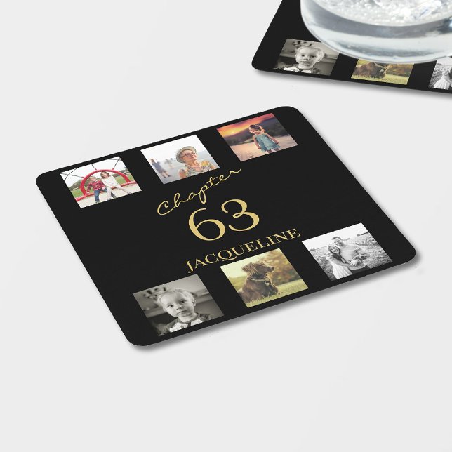 Dessous-de-verre Carré En Papier Adulte 6 Photo Black Gold Anniversaire (Black and gold birthday coaster with "Chapter" (insert age), name and six photos.)