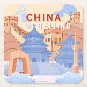 Dessous-de-verre Carré En Papier Affiche de voyage à Pékin Chine Bleu pastel et p
