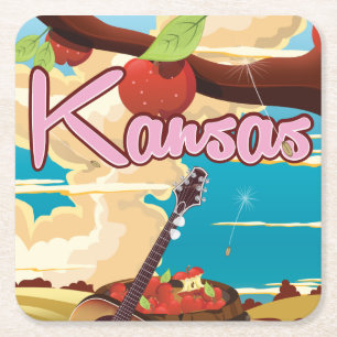 Dessous-de-verre Carré En Papier Affiche de voyage de dessin animé vintage du Kansa