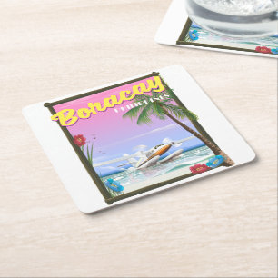 Dessous-de-verre Carré En Papier Affiche de voyage de la plage de Boracay Philippin