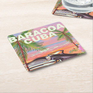 Dessous-de-verre Carré En Papier Affiche de voyage en voiture à Baracoa Cuba