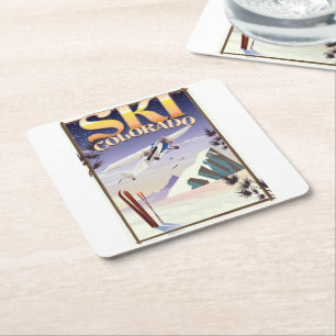 Dessous-de-verre Carré En Papier Affiche de voyage vintage Ski colorado