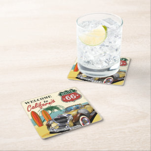 Dessous-de-verre Carré En Papier Affiche rétro de la route 66 "Bienvenue en Califor