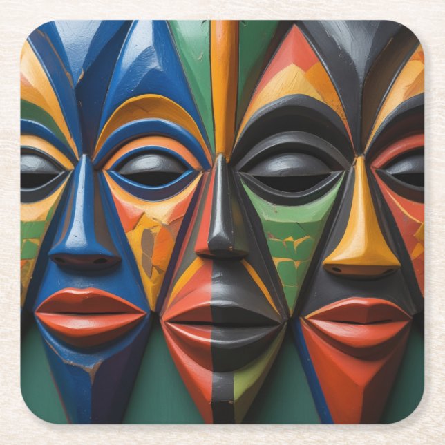 Dessous-de-verre Carré En Papier African  Tribal Masks Trio Dynamic  Symmetry  (Devant)