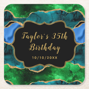 Dessous-de-verre Carré En Papier Agate de paon bleu et vert Anniversaire