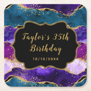 Dessous-de-verre Carré En Papier Agate de paon pourpre et bleu Anniversaire