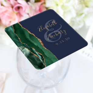Dessous-de-verre Carré En Papier Agate Émeraude Vert Or Script Bleu Marine Mariage