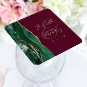 Dessous-de-verre Carré En Papier Agate Émeraude Vert Or Script Bourgogne Mariage