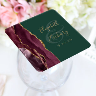 Dessous-de-verre Carré En Papier Agate Geode Script Burgundy Gold Green Mariage