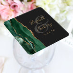 Dessous-de-verre Carré En Papier Agate Geode Script Emerald Green Gold Dark Mariage<br><div class="desc">Cet élégant dessous de verre mariage moderne présente une aquarelle couleur vert émeraude et un design de géode d'agate orné d'une parties scintillant en faux or. Customisez facilement le texte de couleur or sur un arrière - plan non noir, avec les noms de la mariée et du marié en calligraphie...</div>