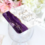 Dessous-de-verre Carré En Papier Agate Geode Script Mariage en marbre d'or violet<br><div class="desc">Cet élégant dessous de verre mariage moderne présente une aquarelle violette géode de l'agate décorée de parties scintillant en faux or sur un arrière - plan de marbre blanc et gris. Customisez facilement les noms de la mariée et du marié en calligraphie d'écriture manuscrite de couleur or sur une grande...</div>