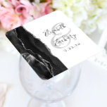 Dessous-de-verre Carré En Papier Agate Geode Script Mariage noir argent<br><div class="desc">Cet élégant dessous de verre mariage moderne présente un design de géode d'aquarelle noire, orné d'une parties scintillant en faux argent. Customisez facilement le texte gris fusain sur un arrière - plan blanc, avec les noms de la mariée et du marié dans la calligraphie manuscrite sur une grande et légère...</div>