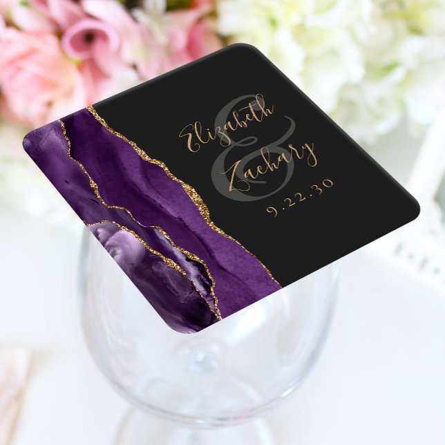 Dessous-de-verre Carré En Papier Agate Geode Script Purple Gold Dark Mariage (Créateur téléchargé)