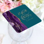 Dessous-de-verre Carré En Papier Agate Geode Script Purple Gold Plum Mariage<br><div class="desc">Cet élégant dessous de verre mariage moderne présente une aquarelle violette décorée d'une parties scintillant en faux or. Customisez facilement le texte de couleur or sur un arrière - plan bleu turquoise,  avec les noms de la mariée et du marié en calligraphie manuscrite sur une grande esperluette.</div>