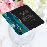 Dessous-de-verre Carré En Papier Agate Geode Script Turquoise Gold Dark Mariage<br><div class="desc">Cet élégant dessous de verre mariage moderne dispose d'un design de géode d'aquarelle turquoise, orné d'une parties scintillant en faux or. Customisez facilement le texte de couleur or sur un arrière - plan gris fusain, avec les noms de la mariée et du marié en calligraphie manuscrite sur une grande et...</div>