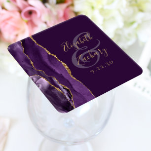 Dessous-de-verre Carré En Papier Agate Géode Script Violet Or Prune Mariage