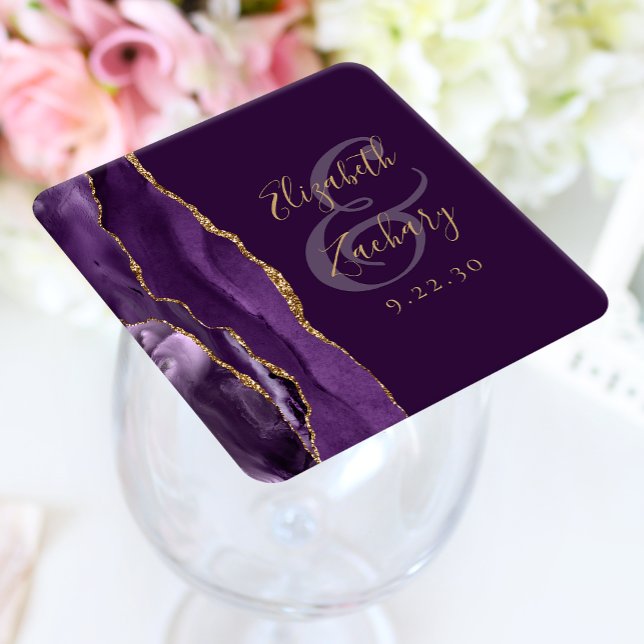 Dessous-de-verre Carré En Papier Agate Géode Script Violet Or Prune Mariage (Créateur téléchargé)