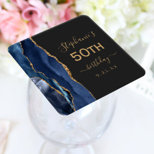Dessous-de-verre Carré En Papier Agate Script Bleu Nuit Or Foncé 50e Anniversaire