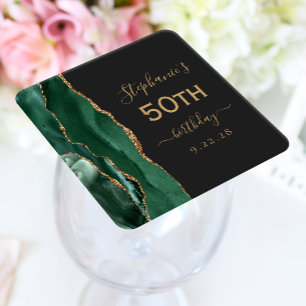 Dessous-de-verre Carré En Papier Agate Script Émeraude Or Foncé 50e Anniversaire