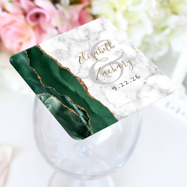 Dessous-de-verre Carré En Papier Agate Script Vert Émeraude Or Mariage Marbre (Créateur téléchargé)