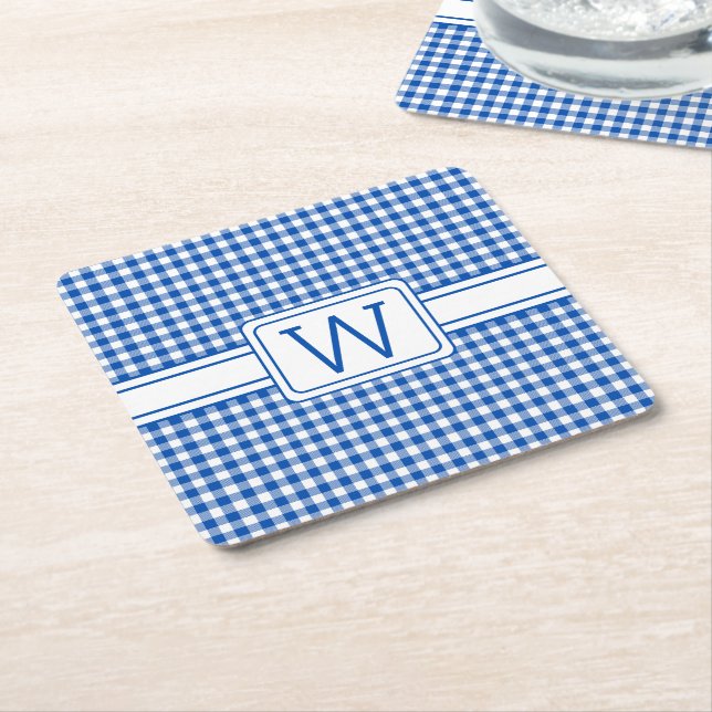 Dessous-de-verre Carré En Papier Agritourisme Bleu et Blanc En vichy Plaid Monogram (Incliné)