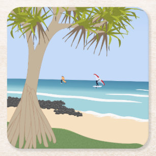Dessous-de-verre Carré En Papier Aile surfeurs à huile Pandanus Tree à la plage