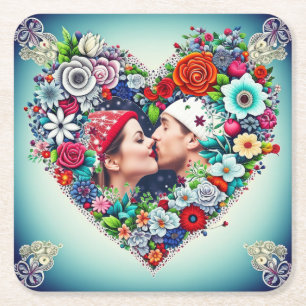 Dessous-de-verre Carré En Papier Ajouter votre image Cadre cardiaque floral