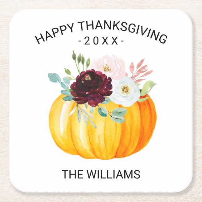 Dessous-de-verre Carré En Papier Ajouter votre texte Thanksgiving Floral Citrouille (Devant)