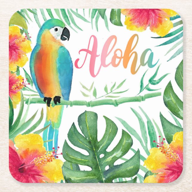 Dessous-de-verre Carré En Papier Aloha Tropical Parrot Hibiscus Palm (Devant)