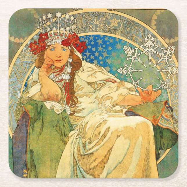Dessous-de-verre Carré En Papier Alphonse Mucha Art Nouveau Princesse Hyacinth (Devant)