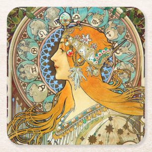 Dessous-de-verre Carré En Papier Alphonse Mucha Art Nouveau Zodiac