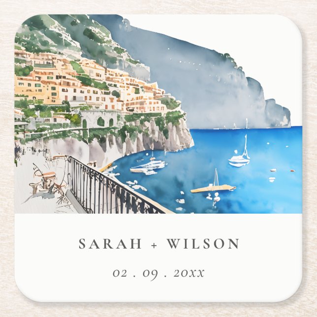 Dessous-de-verre Carré En Papier Amalfi Coast Italie Aquarelle Mariage Paysage (Devant)
