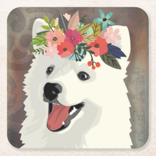 Dessous-de-verre Carré En Papier American Eskimo Chien race Flower Crown