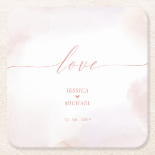 Dessous-de-verre Carré En Papier Amour Cœur Rose et Mariage à l'Aquarelle