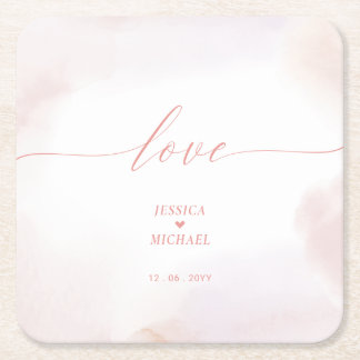Dessous-de-verre Carré En Papier Amour | Cœur Rose et Mariage à l'Aquarelle