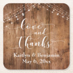 Dessous-de-verre Carré En Papier Amour et Merci, Rustic Brown Wood & Lights<br><div class="desc">Cette suite de design rustique et élégante de mariage et d'invitation à l'événement présente une combinaison fraîche de tendances design mariages populaires. Avec un riche arrière - plan en bois brun et deux cordes d'accents lumineux scintillants, j'ai utilisé une police de caractères élaborée et moderne de ma collection pour rendre...</div>