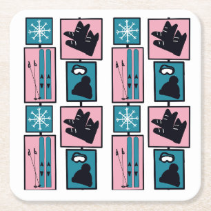 Dessous-de-verre Carré En Papier Amusant hiver. Skis et accessoires par jour enneig