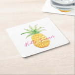 Dessous-de-verre Carré En Papier Ananas<br><div class="desc">Ces dessous de verre lumineux et gais sont décorés avec un ananas jaune aquarelle et les mots Hello Summer en rose. Vous pouvez les customiser en changeant les mots si vous le souhaitez. Aquarelle originale © Michele Davies.</div>