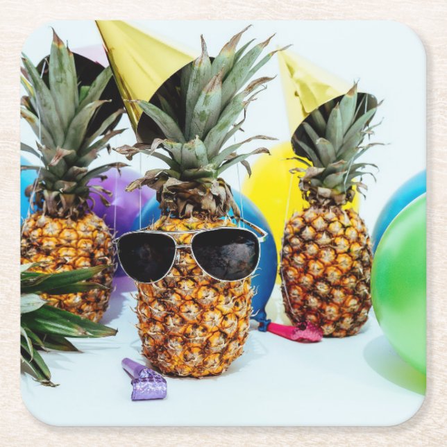 Dessous-de-verre Carré En Papier Ananas cool avec lunettes de soleil (Devant)