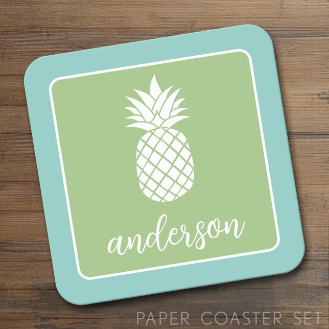 Dessous-de-verre Carré En Papier Ananas et turquoise vert vif - nom du script (Custom Coaster)
