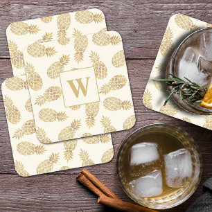 Dessous-de-verre Carré En Papier Ananas Monogram Gold sur l'ivoire