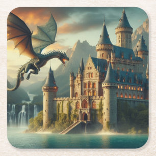 Dessous-de-verre Carré En Papier Ancien château attaqué par un dragon volant