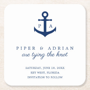 Dessous-de-verre Carré En Papier Ancre bleu marine Monogramme Enregistrer la date