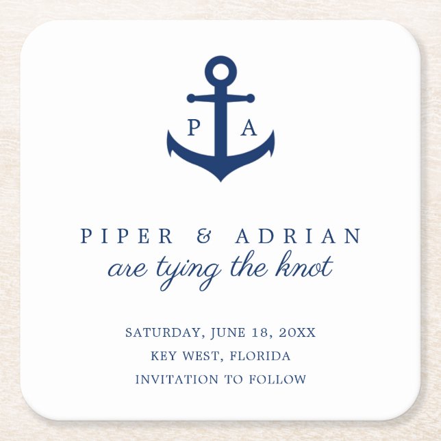 Dessous-de-verre Carré En Papier Ancre bleu marine Monogramme Enregistrer la date (Devant)