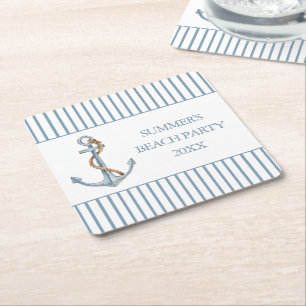 Dessous-de-verre Carré En Papier Ancre Bleu vintage avec corde Personnalisée