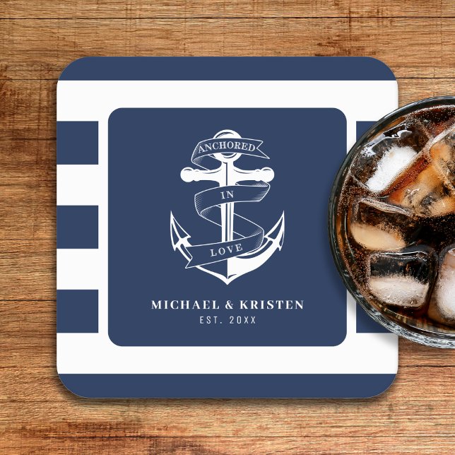 Dessous-de-verre Carré En Papier Ancré dans l'amour Ancre bleu marine rayé (Anchored in Love Nautical Blue Anchor Striped Square Paper Coaster
)