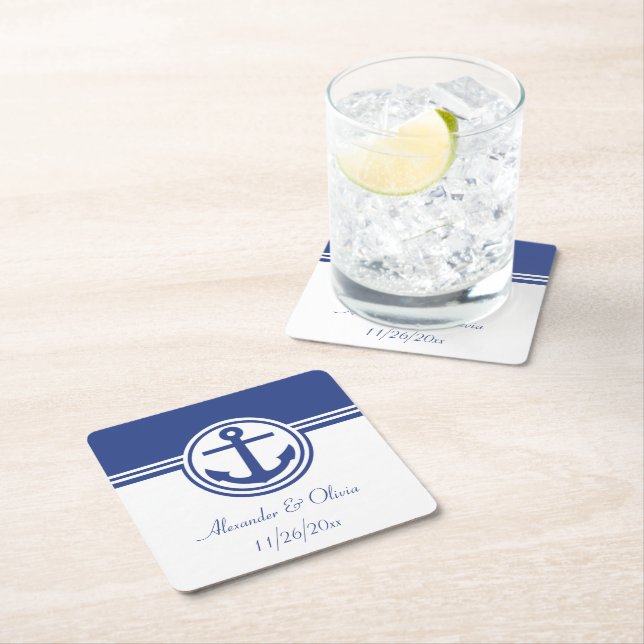Dessous-de-verre Carré En Papier Ancre marine Blue Nautical (En situation)