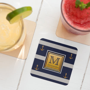 Dessous-de-verre Carré En Papier Ancre nautique moderne Blue Gold Grey Monogramme