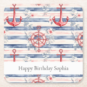 Dessous-de-verre Carré En Papier Ancres Fleurs Bandes Bleu Rouge Plage Anniversaire