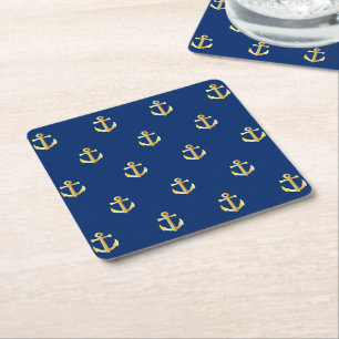 Dessous-de-verre Carré En Papier Ancres Nautiques Jaune Chic Or Motif Sur Bleu